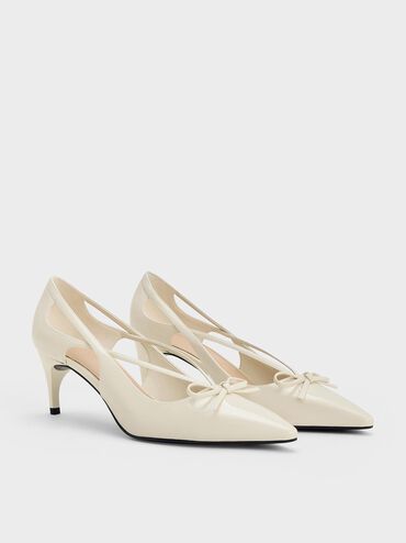 Patent Cut-Out Bow Kitten-Heel Pumps, Chalk, hi-res