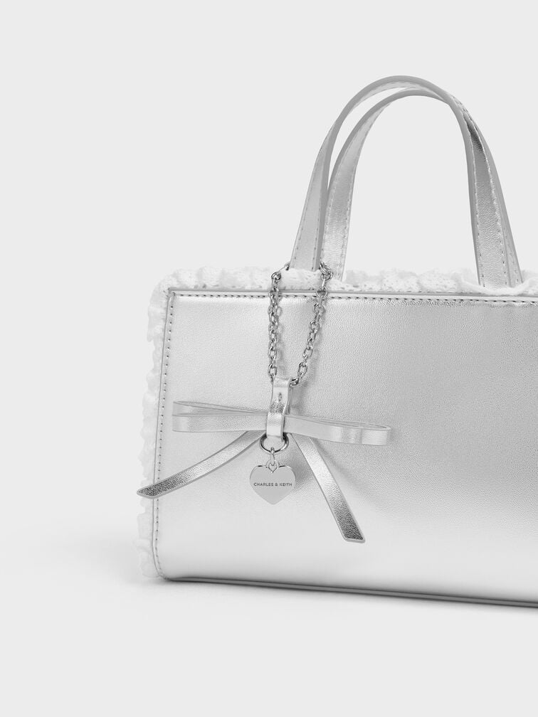 Raina Metallic Lace-Trim Tote Bag, Silver, hi-res