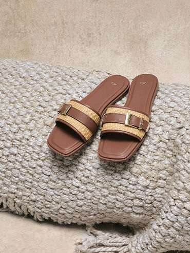 Whitney Leather & Raffia Buckled Slide Sandals, Brown, hi-res