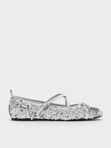 Sequinned Crossover Mary Jane Flats, Silver, hi-res