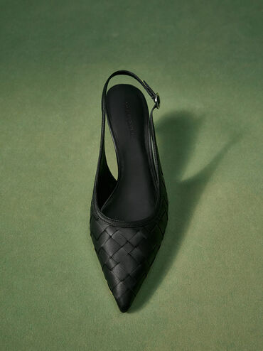 Ivette Woven Pointed-Toe Slingback Pumps, Black, hi-res