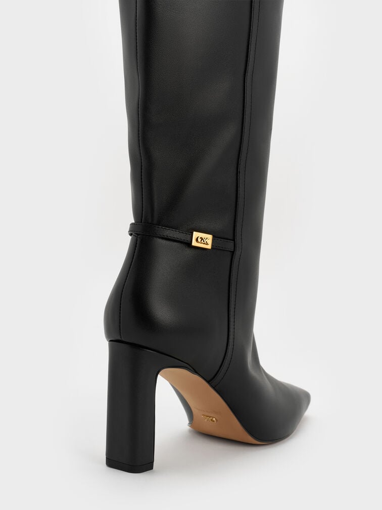 Georgina Leather Tapered Square-Toe Blade-Heel Knee-High Boots, Black, hi-res