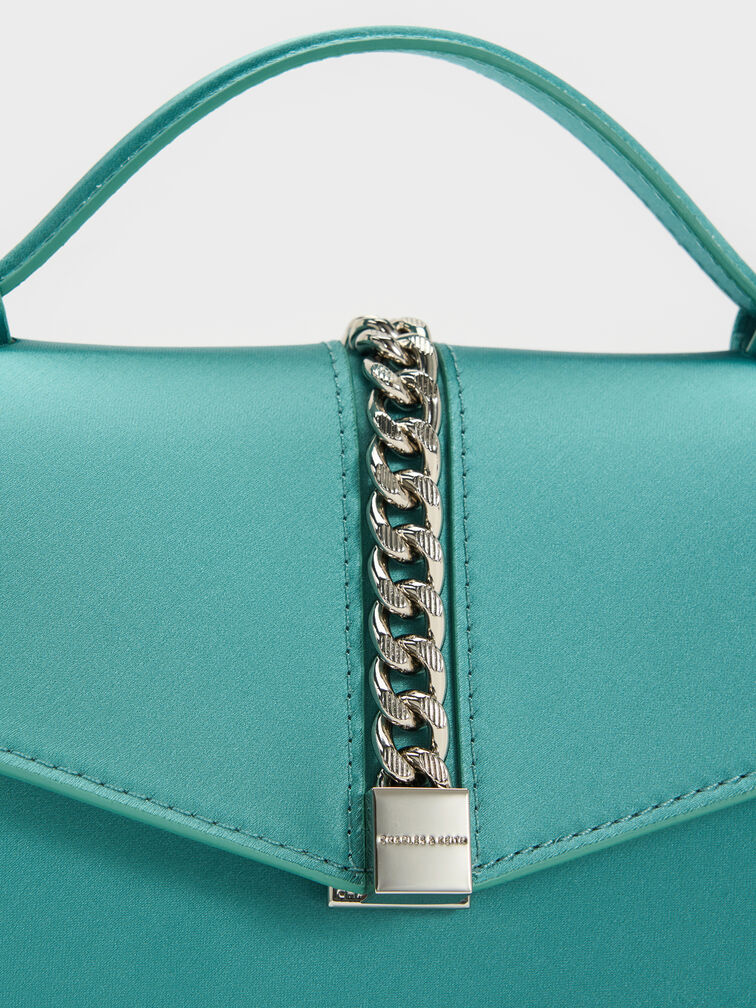 Taisia Satin Chain-Strap Envelope Bag, Teal, hi-res