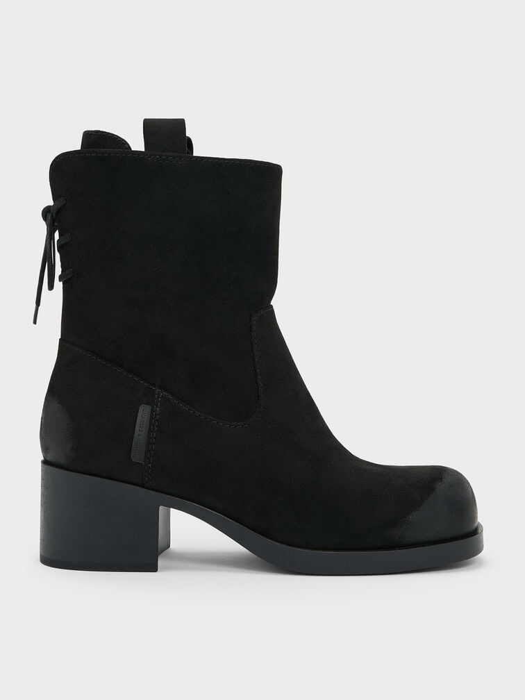 Rosamond Faux Suede Back-Lace Calf Boots, Black Textured, hi-res