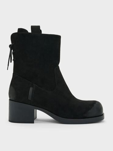 Rosamond Faux Suede Back-Lace Calf Boots, Black Textured, hi-res