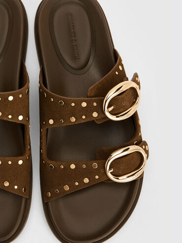 Studded Buckled Double-Strap Slides, Brown, hi-res