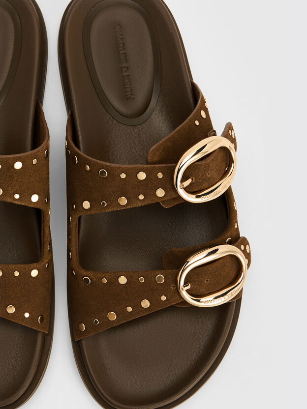 Studded Buckled Double-Strap Slides, Brown, hi-res