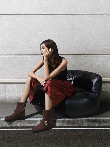 Faux Suede Buckle-Strap Biker Boots, Dark Brown, hi-res