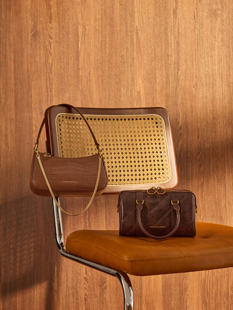 Philomena Panelled Chain-Handle Bowling Bag, Distressed Coffee, hi-res