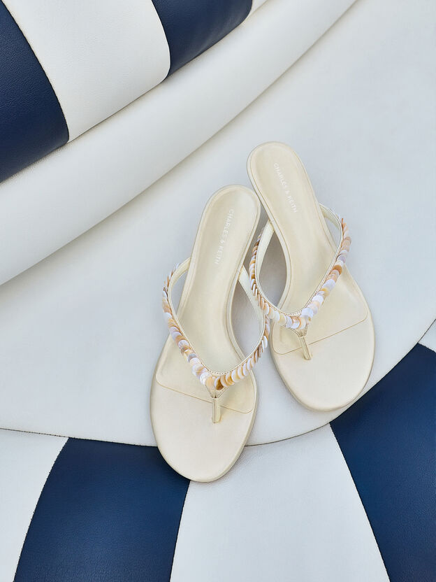 Briella Sequinned Heeled Thong Sandals, Cream, hi-res