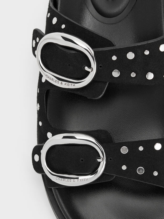 Studded Buckled Double-Strap Slides, Black, hi-res