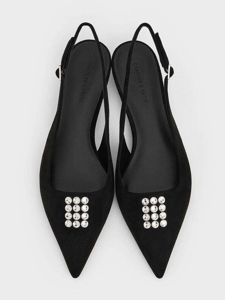 Faux Suede Crystal-Embellished Slingback Pumps, Black Textured, hi-res