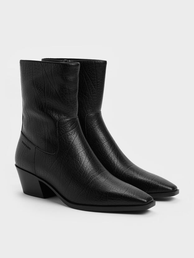 Crinkle-Effect Tapered Ankle Boots, Black, hi-res