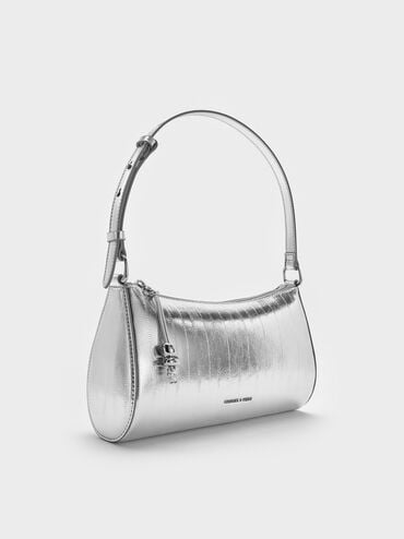 Augustine Metallic Eel-Effect Sculptural-Detail Shoulder Bag, Silver, hi-res