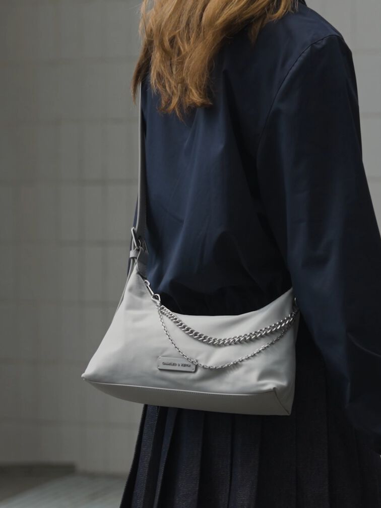 Nylon Chain-Link Trapeze Shoulder Bag, Light Grey, hi-res