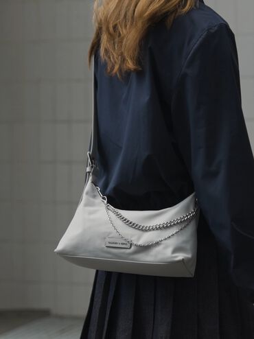 Nylon Chain-Link Trapeze Shoulder Bag, Light Grey, hi-res