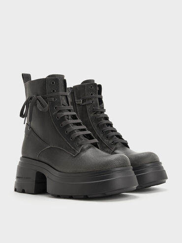 Lace-Up Chunky Ankle Boots, Dark Grey, hi-res