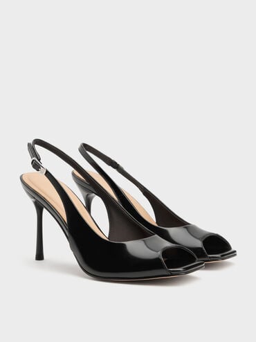 Kyra Leather Peep-Toe Slingback Heels, Black Box, hi-res