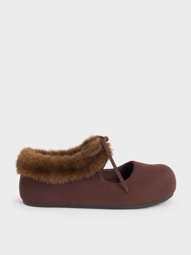 Emila Faux Suede Fur-Trim Mary Jane Flats, Dark Brown Textured, hi-res