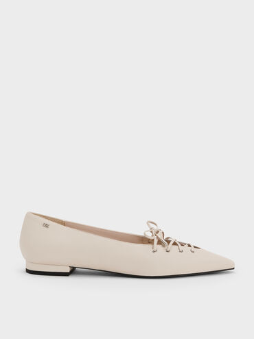 Jianna Leather Lace-Tie Flats, Chalk, hi-res