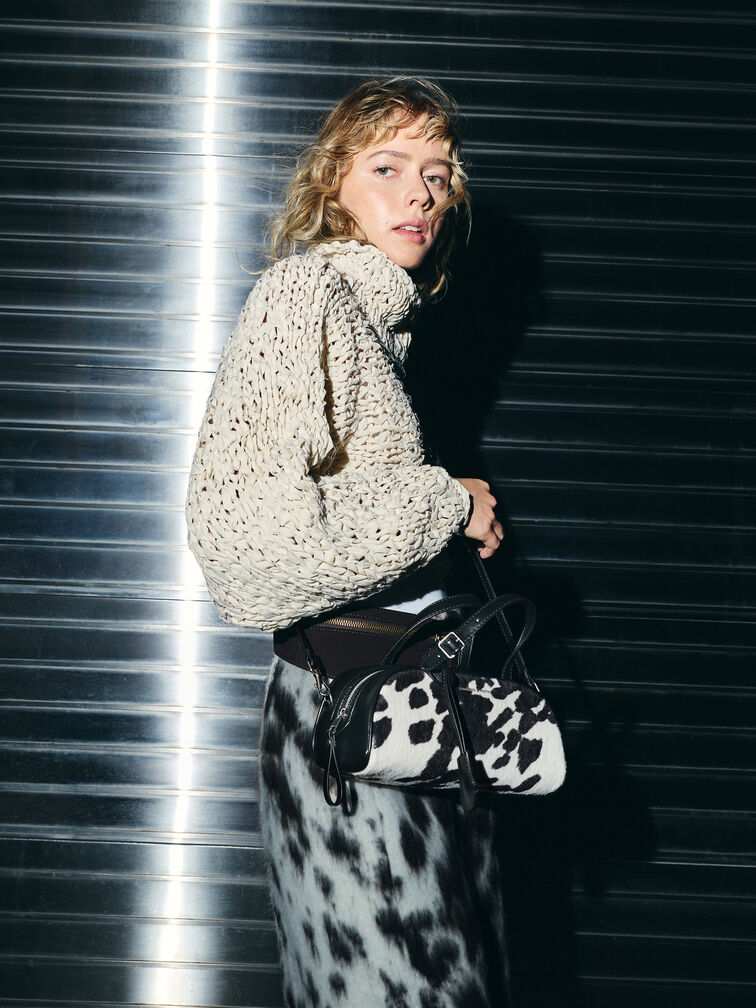 Vega Furry Cow-Print Elongated Bowling Bag, Multi, hi-res