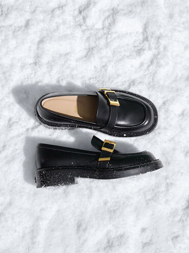 Leather Buckled-Strap Loafers, Black, hi-res