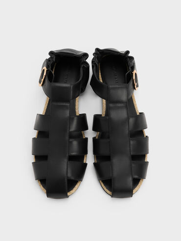 Caged Flat Espadrilles, Black, hi-res