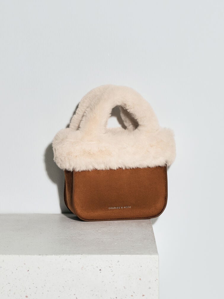 Girls' Wendy Faux Fur Tote Bag, Brown, hi-res