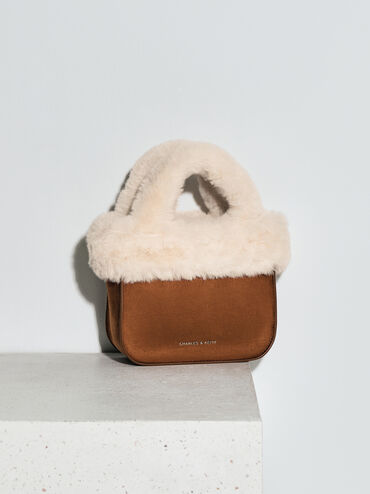 Girls' Wendy Faux Fur Tote Bag, Brown, hi-res