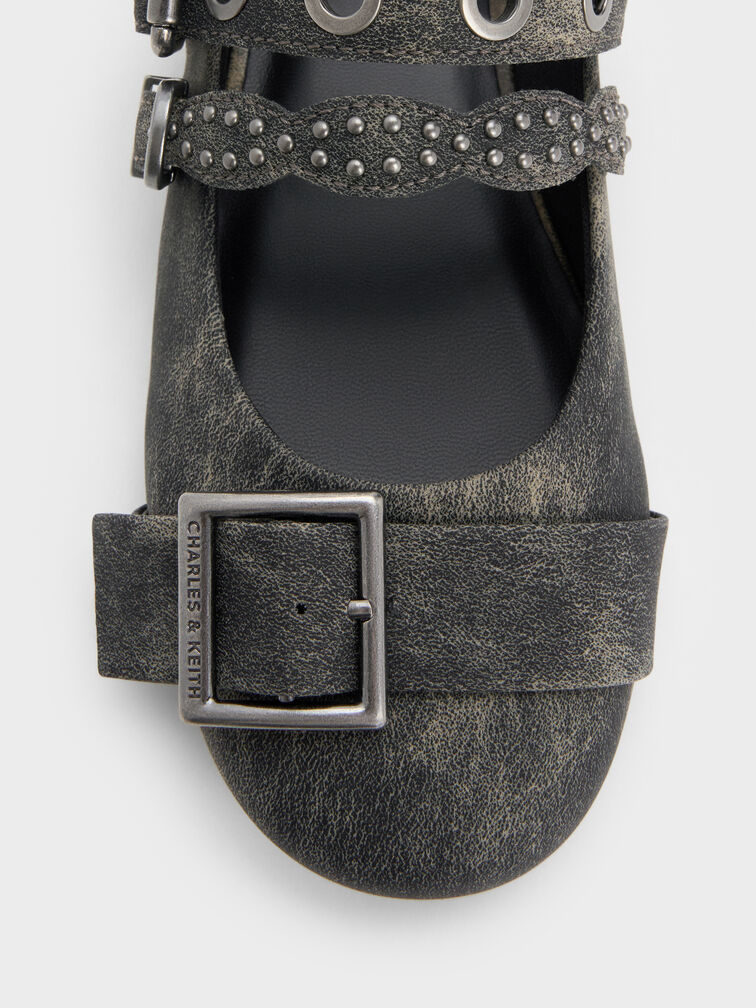 Aether Grommet Studded Mary Jane Flats, Dark Grey, hi-res