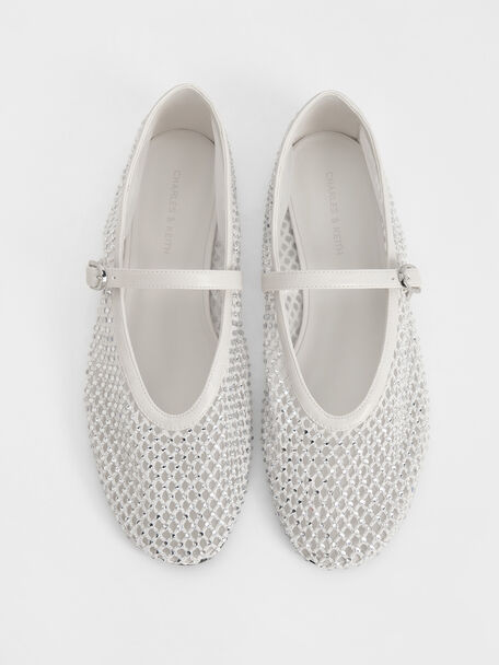 Maggie Mesh Crystal Mary Janes, White, hi-res