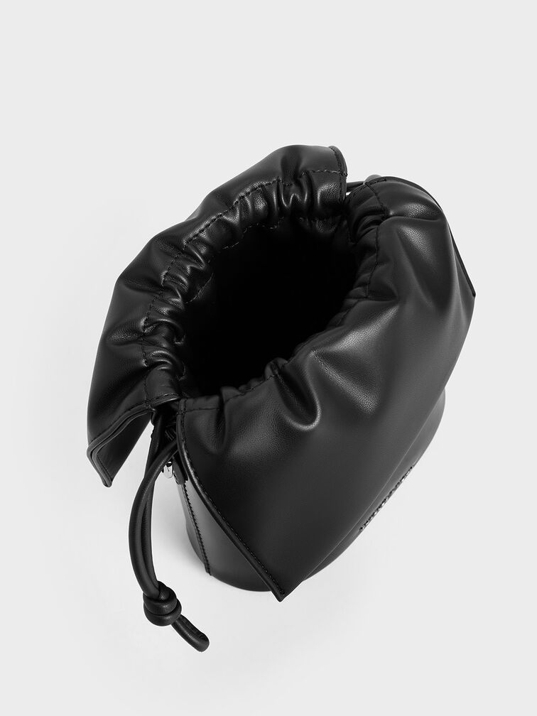Patent Ruched-Flap Drawstring Bucket Bag, Noir, hi-res