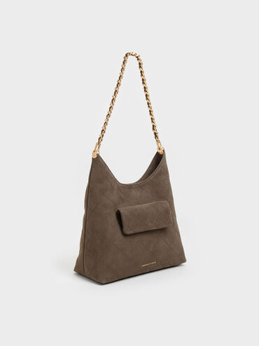 Duo Quilted Front-Pocket Chain Hobo Bag, Stone Grey, hi-res