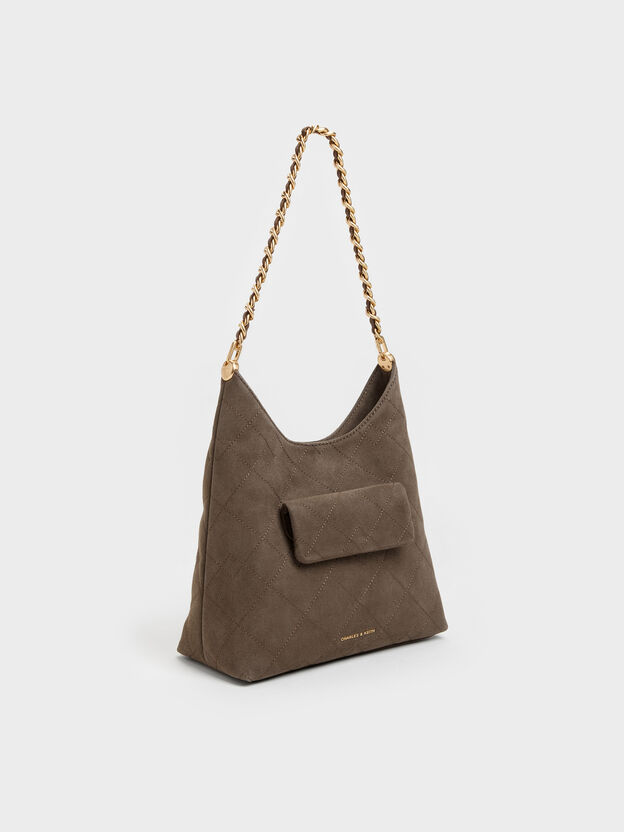 Duo Quilted Front-Pocket Chain Hobo Bag, Stone Grey, hi-res