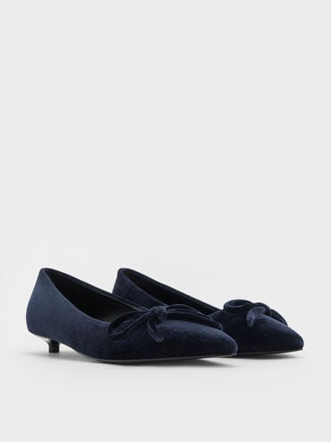 Velvet Bow Pointed-Toe Kitten-Heel Pumps, Dark Blue, hi-res