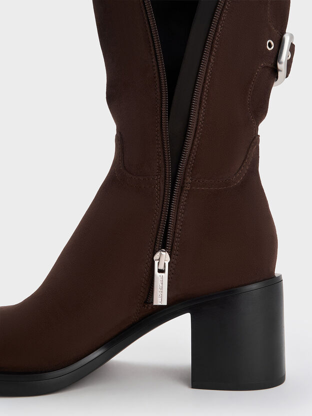 Masei Faux Suede Grommet-Strap Knee-High Boots, Dark Brown, hi-res