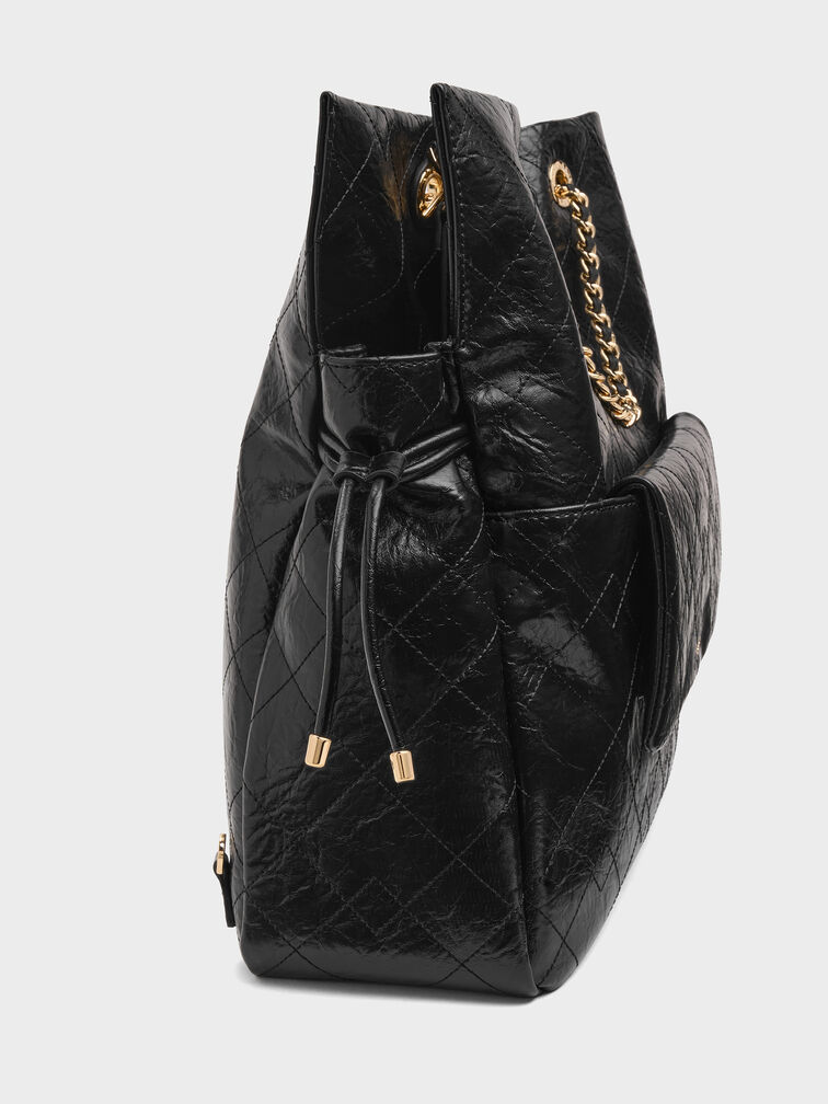 Duo Quilted Braided-Strap Drawstring Two-Way Backpack, Black, hi-res