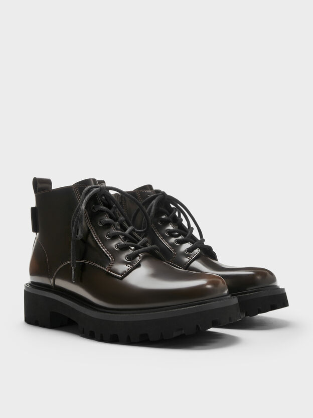 Ridged-Sole Side-Zip Combat Boots, Dark Brown, hi-res