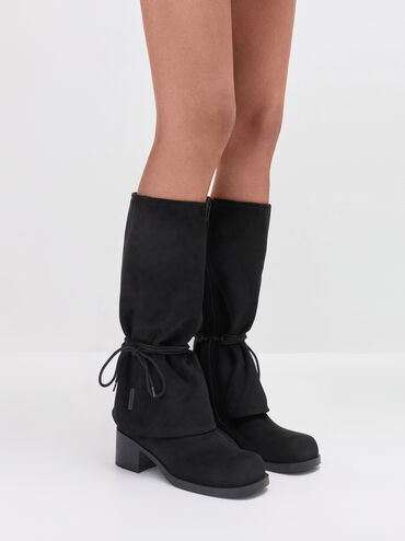 Faux Suede Tie-Around Knee-High Boots, Black Textured, hi-res