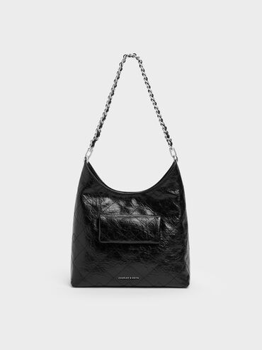 Duo Quilted Front-Pocket Chain Hobo Bag, Noir, hi-res