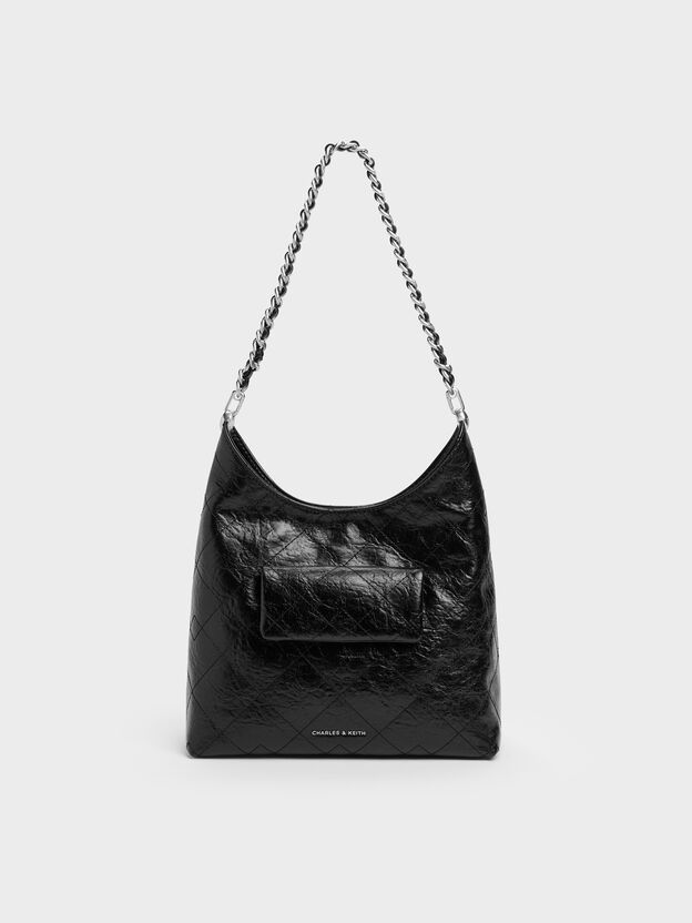 Duo Quilted Front-Pocket Chain Hobo Bag, Noir, hi-res