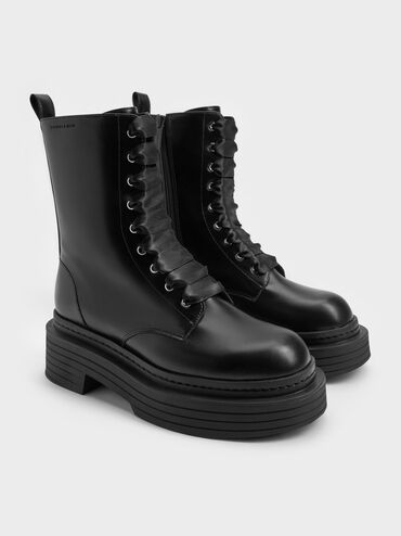 Satin-Lace Platform Combat Boots, Black, hi-res
