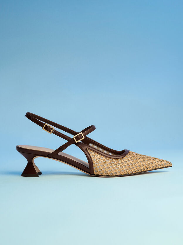 Raffia Sculptural-Heel Slingback Pumps, Dark Brown Textured, hi-res