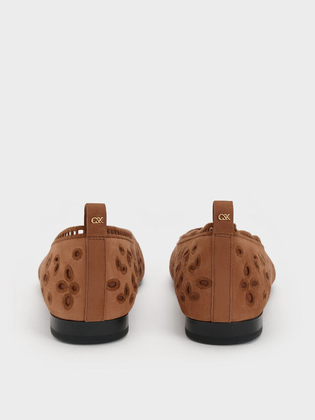 Leather Embroidered Ballet Flats, Cognac, hi-res