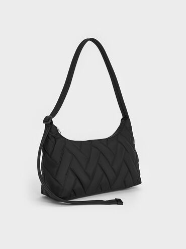 Nylon Chevron Shoulder Bag, Jet Black, hi-res