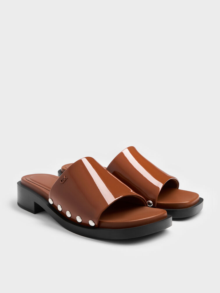 Patent Leather Studded Sandals, Brown, hi-res