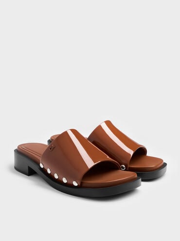 Patent Leather Studded Sandals, Brown, hi-res