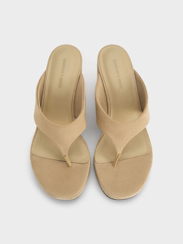 Faux Suede Thong Platform Wedges, Beige, hi-res