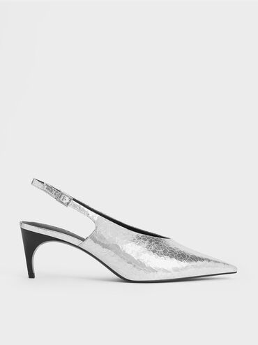 Metallic Crinkle-Effect Pointed-Toe High-Vamp Slingback Pumps, Silver, hi-res