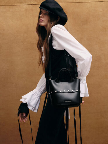 Bobbie Studded Convertible Two-Way Bucket Bag, Noir, hi-res